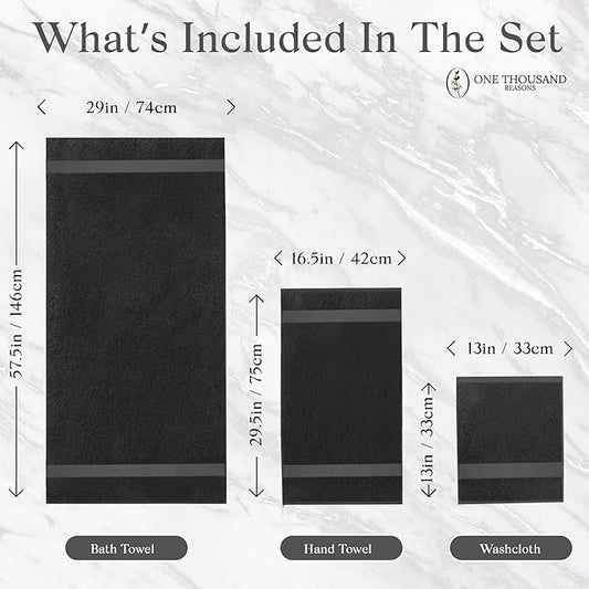 Premium Staple Cotton Bathroom Towel Set - Black 600 GSM 6-Piece Luxury Bath Towel Set 1 Stripe - 2 Bath Towels, 2 Hand Towels & 2 Washclothes Set - High Absorbent & Quick Dry for Gym, Spa, Hotel