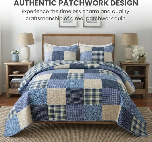 SLPR Blue Symphony Cotton Pieced Quilt Set - Queen with 2 Shams, Farmhouse Patchwork Quilted Bedspread with Check and Plaid Pattern, Lightweight and Cozy Country Checkered Bedding