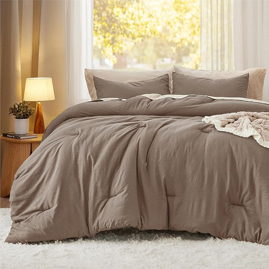 Bedsure California King Size Comforter Set, Brown Soft Prewashed Bedding for All Seasons, 3 Pieces GentleSoft™ Down Alternative Bed Set, 1 Lightweight Comforter (104"x96") and 2 Pillowcases (20"x36")