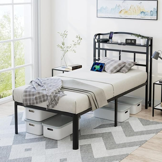 Twin Bed Frame - Heavy Duty Metal Bedframe with Storage Headboard Charging Station, Easy Assembly, No Box Spring Needed, 18 Inch, Black