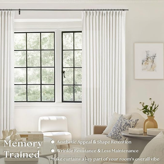 Beige White Pinch Pleated Linen Curtains 132 Inches Long 2 Panels for Living Room Bedroom Memory Training Shaped Semi Sheer Pleat Drapes with Hooks Rings Light Filtering Window Curtain 40x132