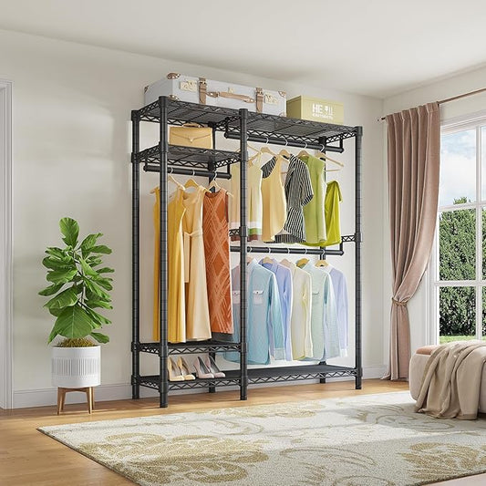 VIPEK V2 Heavy Duty Clothes Rack, Portable Metal Clothing Racks with 4 Tiers Adjustable Wire Shelving & 3 Hanging Rods, Freestanding Wardrobe Portable Closet Rack, Max Load 700LBS, Black