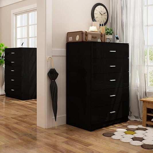 Dresser for Bedroom with Power Outlets Wood 5 Drawer Dresser with Large Storage Space Black Chest of Drawers with Smooth Metal Rail Tall Storage Organizer for Bedroom Living Room Closet