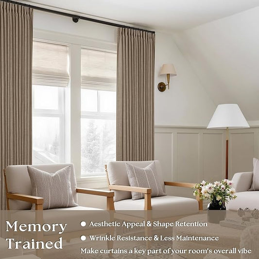 Pinch Pleated Neutral Linen Curtains 84 Inches Long 2 Panels Set for Living Room Dining Pinch Pleat Back Tab Light Filtering Farmhouse Boho Retro Window Curtain Drapes 84 Inch Length Latte Tan Brown