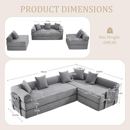 106" Oversized Convertible Sleeper Sofa Bed, Corduroy L Shape Sectional Couch, Folding Sofa Bed with Side Pocket, Modern Cloud Floor Mattress Couch, Modular Sofa for Living Room, Gray