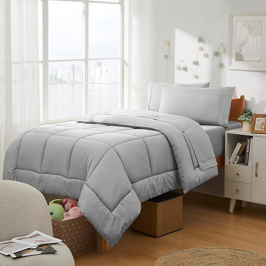 Dorm Room Essentials College Bedding Comforter Set 5 Piece Twin Size Bed in a Bag for College Students Boys and Girls, Twin, Silver