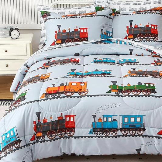 Viviland Kids Full Bedding Sets for Boys, Soft Full Comforter Set with Sheets, 7 Pieces Microfiber Bed in a Bag, Light Grey Train
