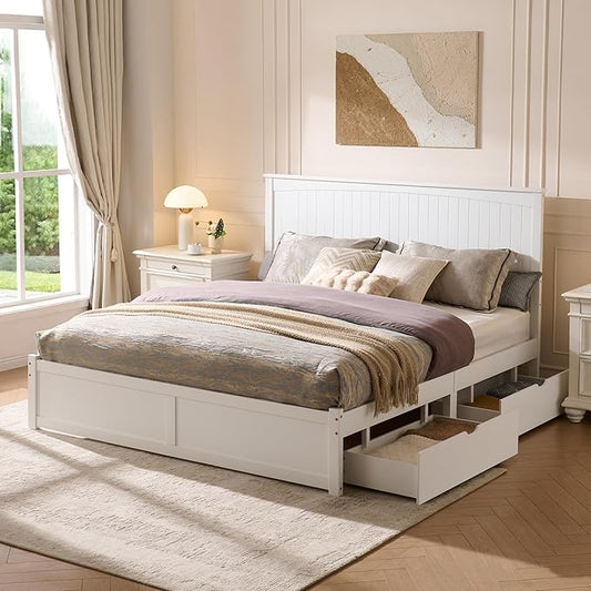 King Size Solid Wood Bed Frame with Storage, Mid-Century Modern Platform Bed with 50" Headboard & 2 Drawers, No Box Spring Needed/Quiet Support/Easy Assembly/Soft White Finish