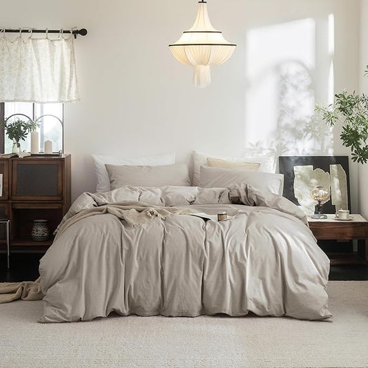 FOSSA Duvet Cover Set 100% Washed Cotton Linen Feel Super Soft Breathable Cozy 3 Pieces Bedding Sets Solid Cream Grey Queen