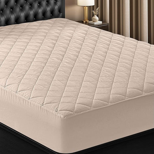 Utopia Bedding Quilted Fitted Mattress Pad, Queen Size, Elastic Fitted Mattress Topper Protector and Cover with Deep Pocket Stretches up to 16 Inches, Machine Washable (Beige)