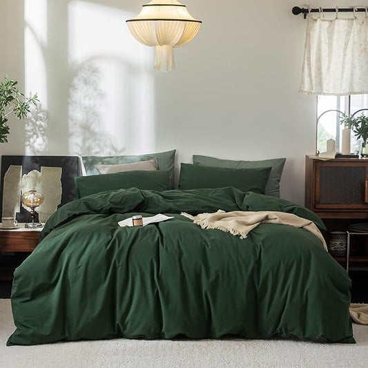 FOSSA Duvet Cover Set 100% Washed Cotton Linen Feel Super Soft Breathable Cozy 3 Pieces Bedding Sets Solid Forest Green Oversized Queen