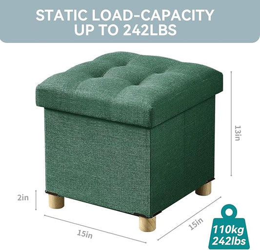 BRIAN & DANY Ottoman with Storage, Small Storage Ottoman for Dorm, Linen Folding Ottoman Foot Stool with Legs for Living Room and Bedroom, 15"x15"x15" - Dark Green