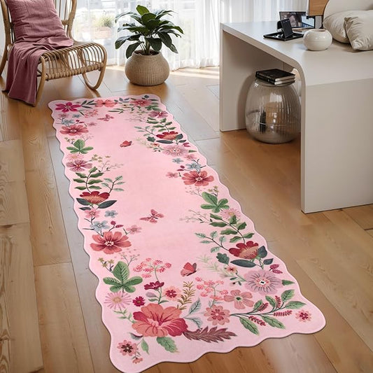 Lahome Floral Kitchen Runner, 2X6 Washable Runner Rug Non-Slip, Ultra-Thin Soft Hallway Rug Stain Resistant Boho Carpet for Bedroom Laundry Bathroom, Pink