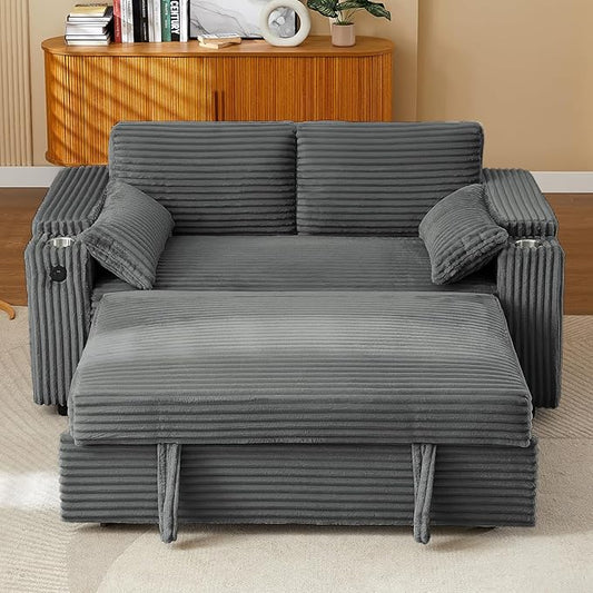 Convertible Corduroy Sofa Bed with USB Charging Port & Cup Holders, 68.11" Foldable Sleeper Chair with Armrests & Pillows, 3-in-1 Floor Futon for Living Room, Bedroom, Guest Room