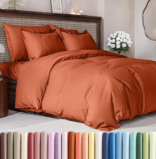 Duvet Cover Queen Size Set - Extra Soft Queen Size Duvet Cover 90 x 90 with 2 Pillow Shams - Hotel Luxury Easy Care and Fade Free w/Zipper Closures & Ties - Comfy Breathable Bedding Set (Terracotta)