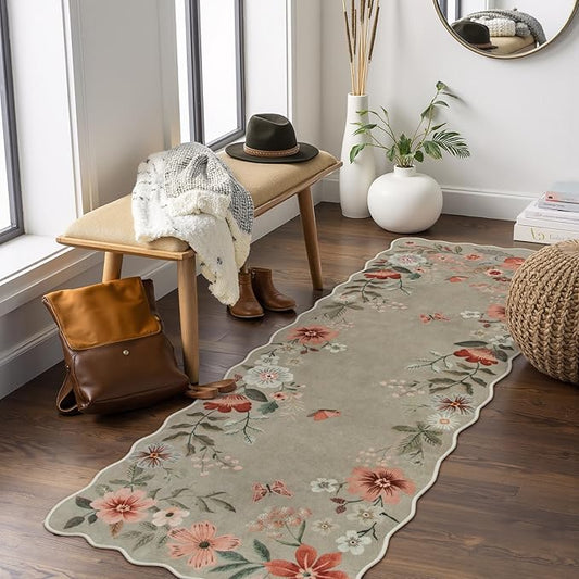 Lahome Floral Kitchen Runner, 2x5 Soft Washable Runner Rug Non Slip, Ultra-Thin Hallway Rug Stain Resistant Boho Carpet for Laundry Bathroom Bedroom(2x5ft,Brown)