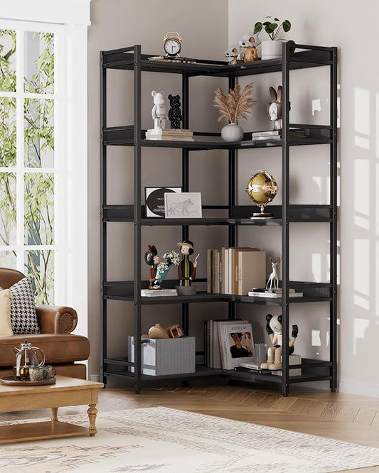 Large 5-Tier Corner Bookshelf - Modern Tall Corner Shelf Storage Display Rack with Sturdy Metal Frame - Perfect for Living Room, Home Office, Books and Decor Display