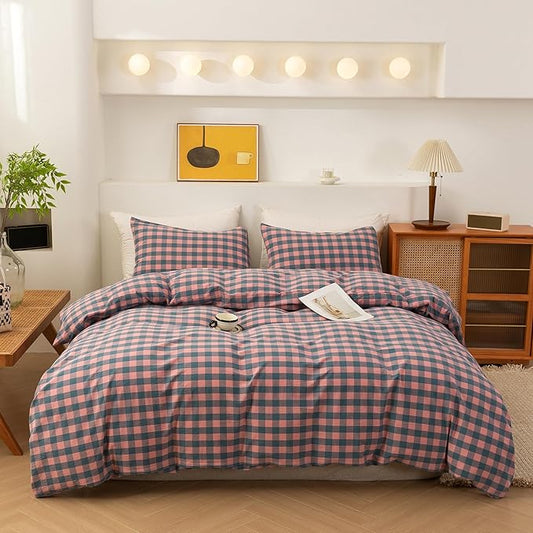 ECOCOTT Duvet Cover Queen Size, 100% Washed Cotton Linen-Like Soft & Breathable, Durable Comfy Bedding Set for All Seasons, Purple Pink Plaid