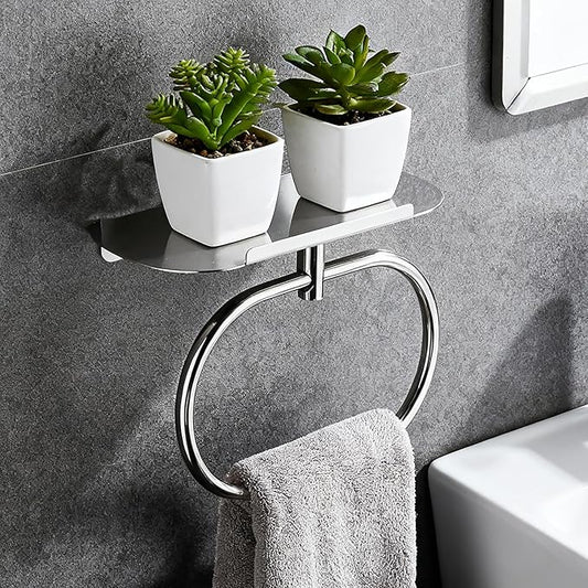 Towel Ring with Shelf Steel Self, Stainless Steel Bath Towel Rings, Self Adhesive Hand Towel Ring for Bathroom, Wall Mounted Towel Hanger for Bathroom Kitchen (Chrome)