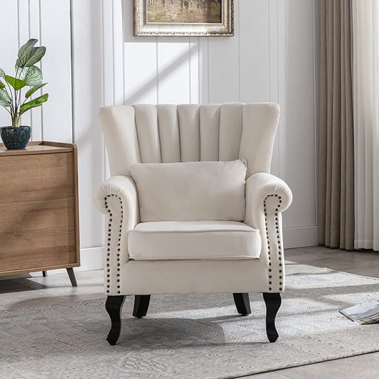 Mid Century Accent Chair Modern Tufted Wingback Armchairs Club Chair Velvet Fabric Single Sofa Reading Chair with Pillow for Living Room, Cream