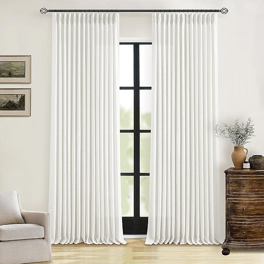 Beige White Linen Curtains 108 Inches Long 2 Panels Set for Living Room Neutral Boho Thick Linen Textured Pinch Pleated Memory Shape Light Filtering Ceiling Semi Sheer Window Curtain Hook Rings Ivory
