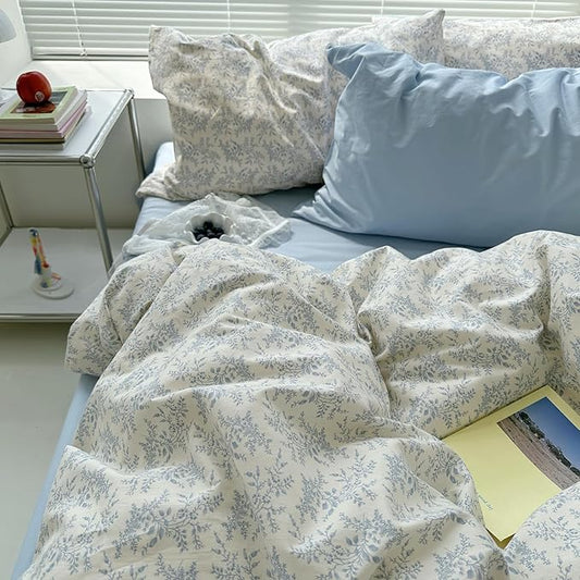 mixinni Blue Floral Duvet Cover Twin XL Size - 100% Cotton Soft Boho Comforter Cover with Zipper Closure 4 Ties, 3-Piece Vintage Aesthetic Botanical Bedding Set with 2 Pillowcases, All Season Bed Set