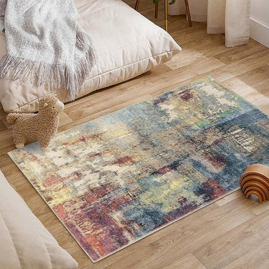 Lahome Modern Abstract Area Rug - 2x3 Washable Small Entryway Rug for Kitchen Non-Slip Front Doormat, Contemporary Faux Wool Soft Floor Indoor Carpet for Bathroom,Red/Multi