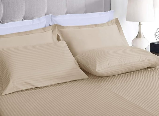 Threadmill 100% Cotton Sheets for Twin XL Size Bed - 600 Thread Count Twin XL Bed Sheets Set with 15โ Deep Pocket - Damask Stripe Sateen Weave 3-Piece Bedding Set with Cooling Effect, Beige