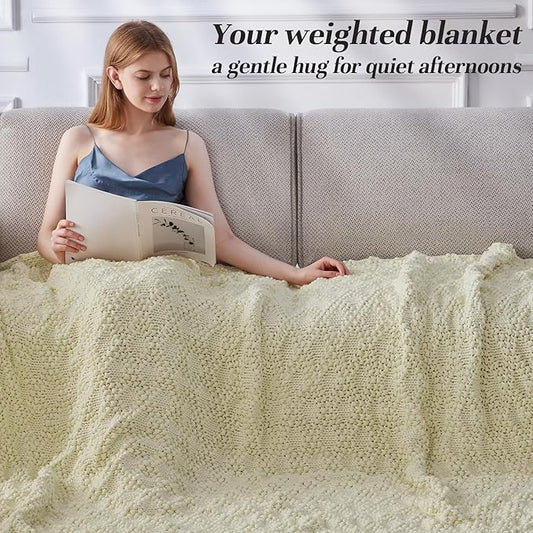 Knitted Weighted Blanket for Adult, Chunky Knit Weighted Throw for Sleep 48"*72" 12lbs, Cooling Breathable Heavy Blanket for Hot Sleepers, Machine Washable Blanket for Room Decor(Cream White)