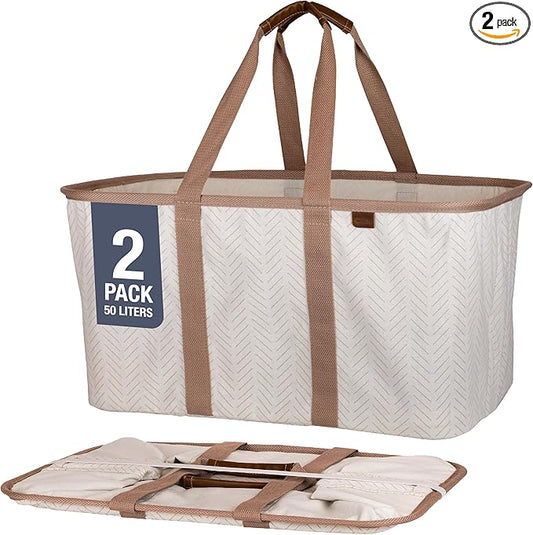 CleverMade Collapsible Laundry Tote - LUXE Cream Herringbone 2Pack 50L -Foldable Storage Organization Container Clothes Laundry Room Storage Solution