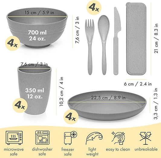 FOODLE Wheat Straw Dinnerware Set - BPA Free & Safety Tested - Microwave & Dishwasher Safe - Perfect for Picnic, Dorm, RV Dishes - Camping Plates Cups and Bowls Set - Great for Kids & Adults - For 4