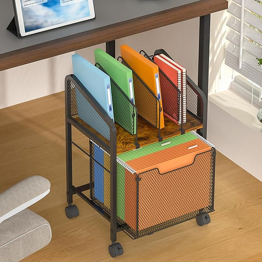 Rolling File Cabinet with Adjustable Dividers, Vertical Filing Cabinet with Storage Drawer on Lockable Wheels, Hanging File Organizer Beside Under Desk for Office, Home(Patent Pending)
