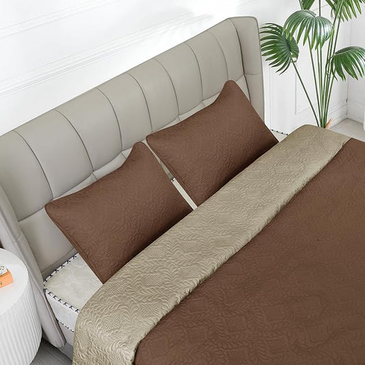 Easy-Going Twin Size Reversible Quilt Set with 1 Quilt and 1 Pillow Sham, Soft Bed Quilt Cover, Water Resistant Lightweight Microfiber Bedspread, Stain Resistant, Olive Leaf-Brown/Beige