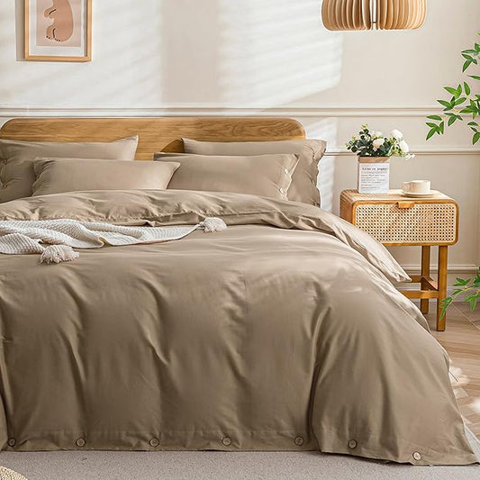 JELLYMONI Cotton Duvet Cover Full Size - Khaki Comforter Cover with Button 100% Washed Cotton 3PCS Breathable Soft Solid Bedding Set Duvet Cover 80×90in & 2 Pillowcases (NO Comforter)