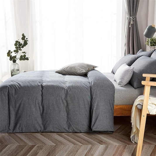 JELLYMONI Black 100% Washed Cotton Duvet Cover Set, 3 Pieces Luxury Soft Bedding Set with Zipper Closure. Solid Color Pattern Duvet Cover Queen Size(No Comforter)