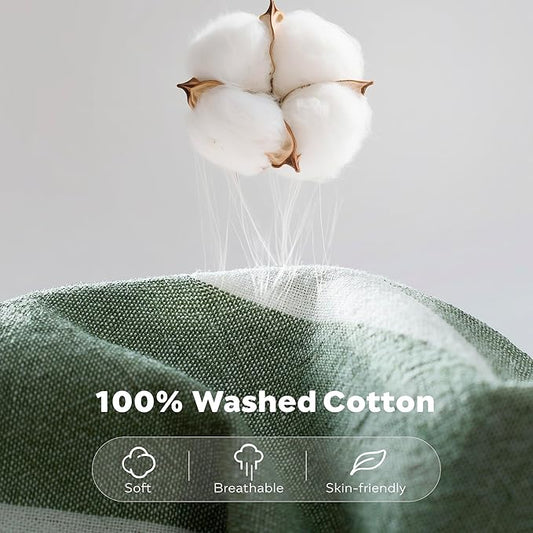 JELLYMONI Cotton Duvet Cover Cal King Size - Green Striped Comforter Cover with Button 100% Washed Cotton 3PCS Breathable Soft Bedding Set Duvet Cover 104×98in & 2 Pillowcases (NO Comforter)