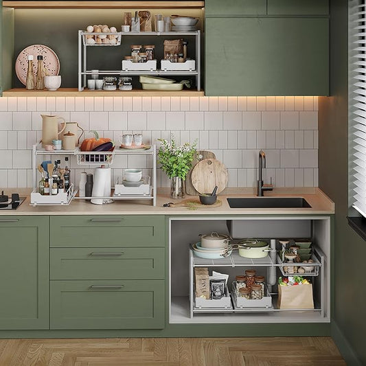 NETEL Under Sink Organizers and Storage,Kitchen Cabinet Organizer,2 Tier Under Sink Expandable Shelves,Bathroom Cabinet Organizer with Pull Out Drawers,(30.9-31.64)" W x 14.69" D x 15.83" H,White