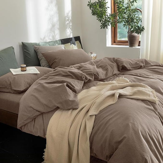 FOSSA Duvet Cover Set 100% Washed Cotton Linen Feel Super Soft Breathable Cozy 3 Pieces Bedding Sets Solid Black Super Queen