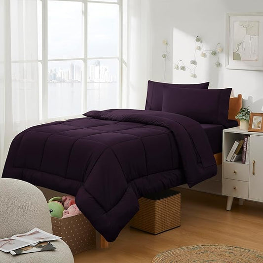 Dorm Room Essentials College Bedding Comforter Set 5 Piece Twin Size Bed in a Bag for College Students Boys and Girls, Twin, Purple