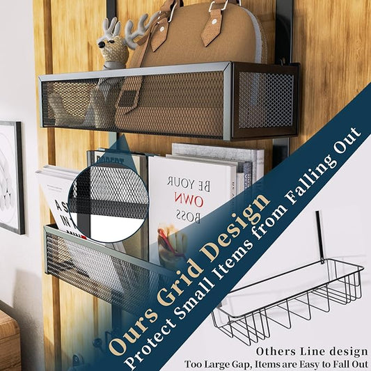 Consumest Over The Door Hooks Organizer - Extra Long Door Hanger with 9 Coat Hooks & 2 Mesh Basket, Back Storage Organizer Hanging Towels for Bathroom, Bedroom, Black (for 1.76 in Doors)