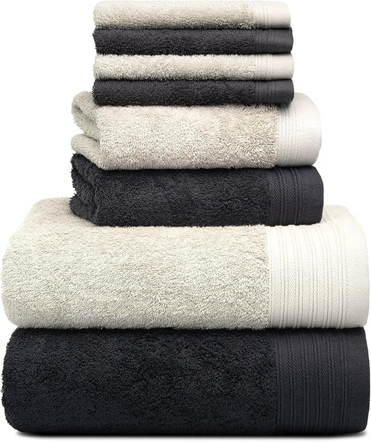 Premium 8 Pieces Towel Set Including 2 Bath Towels 30" x 56", 2 Hand Towels 18" x 30" and 4 Washcloths 13" x 13" - Color: Black & Silver | Pure Cotton |Machine Washable high Absorbency