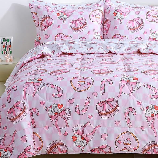 Viviland Kids Twin Bedding Sets for Girls, Soft Twin Comforter Set with Sheets, 5 Pieces Microfiber Bed in a Bag, Pink Dessert Cake