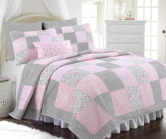 Cozy Line Home Fashions 100% Cotton Real Patchwork Floral Butterfly Shabby Chic Girly Reversible Quilt Bedding Set, Coverlet Bedspread (Black Pink, King - 3 Piece)