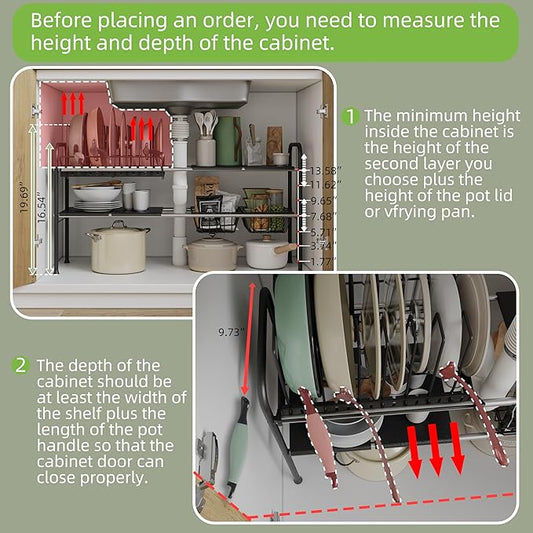 NETEL Adjustable Under Sink Organizers and Storage,Pots and Pans Organizer Under Kitchen Cabinet,Pan Lid Organizers inside Cabinet,Expandable Cabinet Storage Shelf with Pan Rack and 7 Dividers