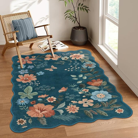 Lahome Floral Washable Rugs for Bedroom, 4X6 Area Rug Ultra-Thin Soft Living Room Rug, Non-Slip Classroom Stain Resistant Lightweight Boho Low-Pile Carpet for Nursery Office (4x6ft,Navy Blue)