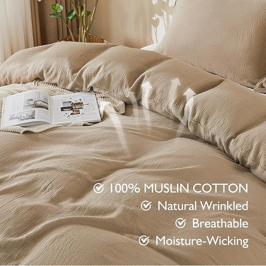 EMME Muslin Cotton Duvet Cover Set Khaki King Size Linen Like Soft Breathable Lightweight Summer Comforter Cover Set with Zipper Closure (Khaki, King, 104"x90")