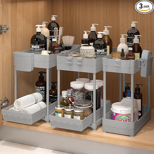 3 Pack Under Sink Organizers, 2-Tier Multi-Use Kitchen and Bathroom Organizers and Storage with Sliding Drawers,Bathroom Cabinet Organizer (Gray, 12.8 Inch)