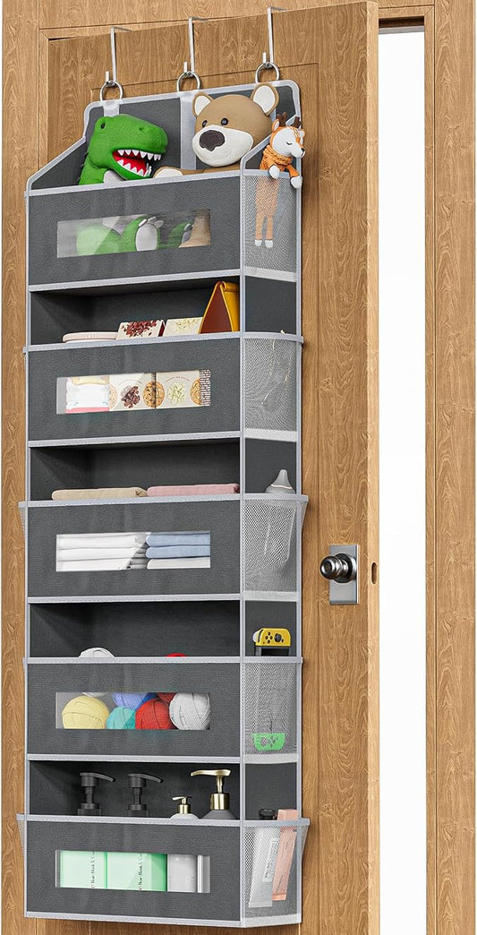 5-Tier Over The Door Storage Organizer with 10 Side Mesh Pockets, 48 lbs Load Capacity, 3 Hooks Design, Door Hanging Organizer with Clear Windows for Bathroom, Bedroom, Nursery, Kitchen-Grey