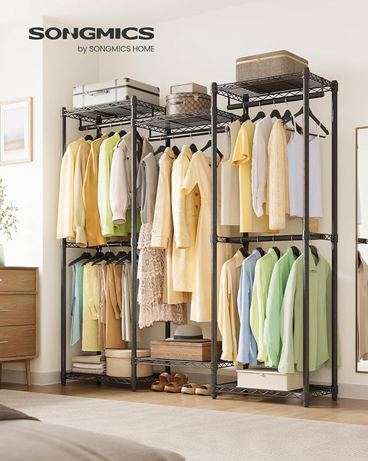 SONGMICS Heavy-Duty Clothes Rack, Garment Rack, Portable Closet, 56.9-Inch Wide Clothing Rack, with Adjustable Mesh Shelves and Hanging Rails, Ink Black ULGR432B01