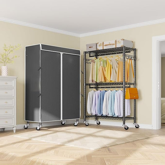 VIPEK R2C Medium Heavy Duty Clothes Rack Rolling Garment Rack with Cover Adjustable Clothing Rack for Hanging Clothes Portable Closets with Double Rods, Black Rack with Black Upgarded Polyester Cover